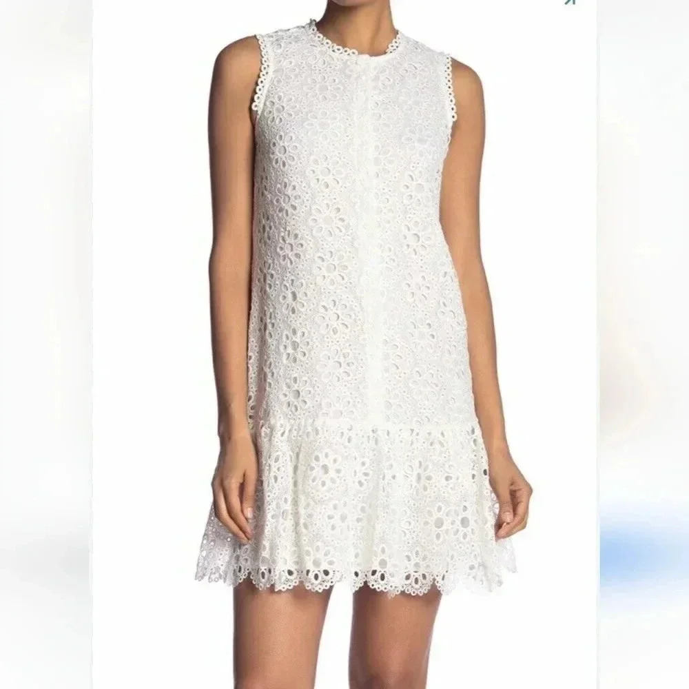 Trina Turk White Flounce DropWaist Embroidered Floral Eyelet Dress XS Romantical